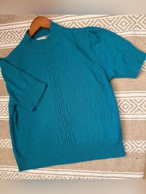 Vintage TanJay Petites Teal Aqua Short-Sleeve High Mock Neck Knit Sweater M/L